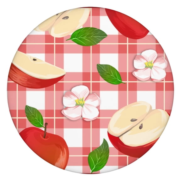 Round Elastic Tablecloth with Cute Apple Print - Waterproof, Windproof, Fitted Table Cover with Elastic Edge for Outdoor Picnic, Dining (Red/Green Cartoon Fruit Design, Wipeable & Scratch-Resistant)