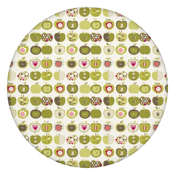 Round Elastic Tablecloth with Cute Apple Print - Waterproof, Windproof, Fitted Table Cover with Elastic Edge for Outdoor Picnic, Dining (Red/Green Cartoon Fruit Design, Wipeable & Scratch-Resistant)