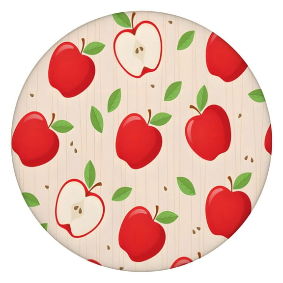 Round Elastic Tablecloth with Cute Apple Print - Waterproof, Windproof, Fitted Table Cover with Elastic Edge for Outdoor Picnic, Dining (Red/Green Cartoon Fruit Design, Wipeable & Scratch-Resistant)