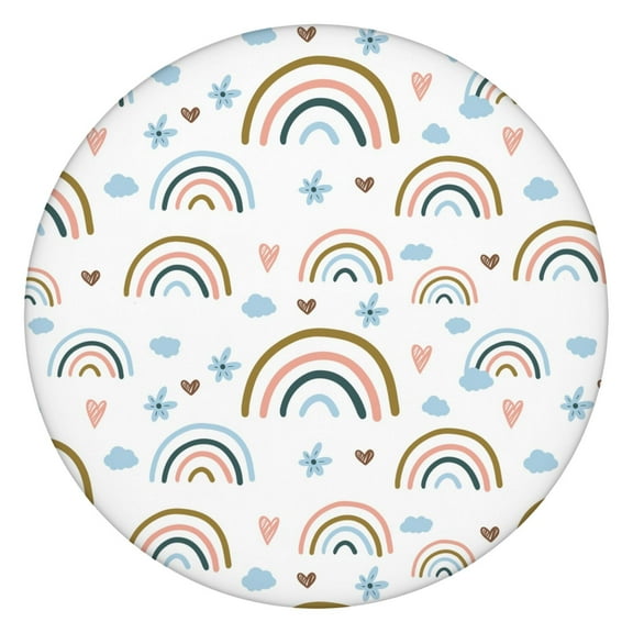 Round Elastic Tablecloth - Cute Cartoon Waterproof Fitted Table Cover for Kids, Windproof & Spill-Proof with Fun Rainbow Animals Design (44 inches)