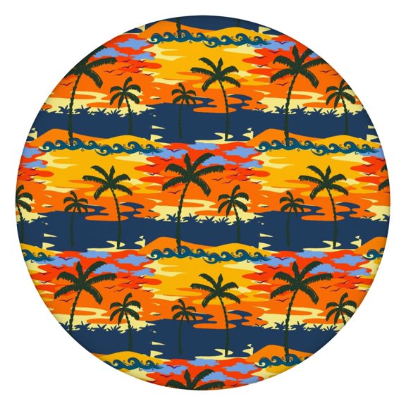 Round Elastic Tablecloth with Tropical Palm Trees Design - 100% Waterproof, Windproof & Fitted Cover for Outdoor Dining, Picnic, Beach (Orange Sunset Aesthetic)