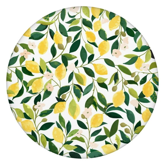 Round Elastic Tablecloth with Lemon Print - Waterproof Fitted Table Cover for Outdoor Picnic, Dining, Summer Parties (Yellow Fruit Design)
