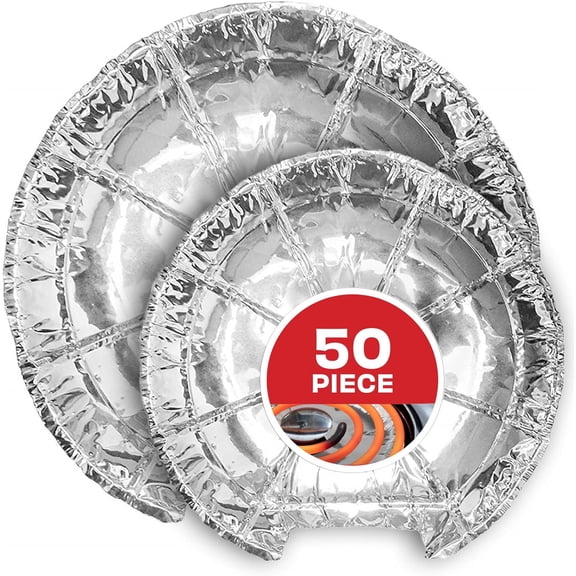 Round Electric Stove Burner Covers (50 Pack) 6 Inch and 8 Inch Disposable Stove Top Aluminum Foil Bib Liners, to Keep Kitchen Ran Clean from Oil and Food Drips,