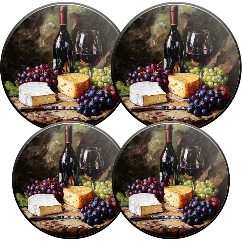 Round Electric Stove Burner Covers, Wine Glass and Grapes Cheese 4Pcs Top Covers for Electric Stove Burner for Kitchen Decoration, 8 Inches and 10 Inches