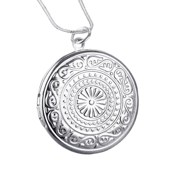 Round Embossed Silver Locket Necklace for Woman Special Occasion Holiday Birthday
