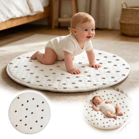 Round Embroidered Bear Baby Play Mat, Soft Cotton Washable Crawling Floor Mat for Indoor Early Learning