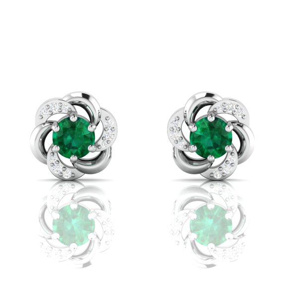 Round Emerald Floral Stud Sterling Silver Earrings || Congratulations Day Gift Earring, Gift for Her Earring || Silver Diary