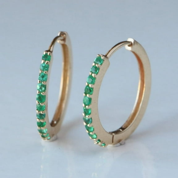 Round Emerald Gemstone Big Hoop Earrings, 925 Starling Silver Earrings, Half Eternity Prong Set Hoop Earring, Birthday Stone Jewelry Earring, Christmas Day Gift, Gift for Wife.