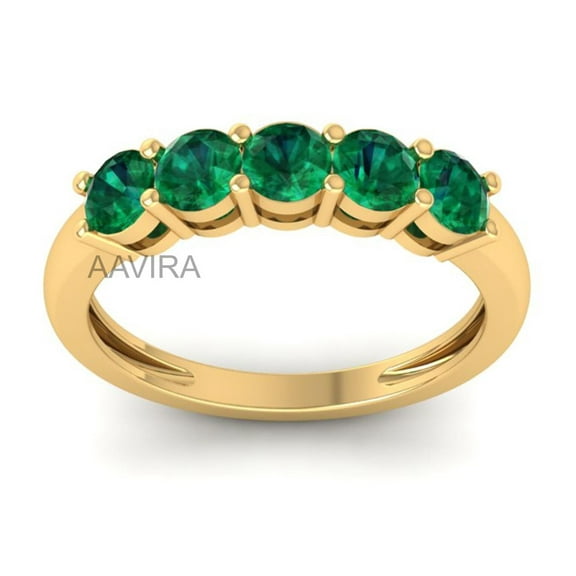 Round Emerald Half Eternity Band Ring, 14K Yellow Gold Plated Women's Anniversary Wedding Gemstone Ring