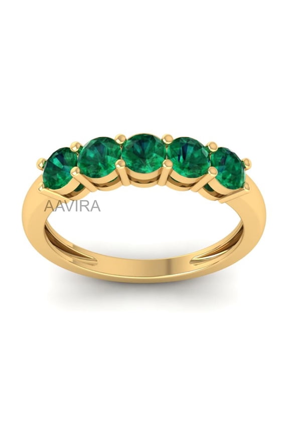 Round Emerald Half Eternity Band Ring, 14K Yellow Gold Plated Women's Anniversary Wedding Gemstone Ring