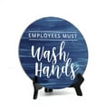 thumbnail image 1 of Round Employees Must Wash Hands, Washed Blue Wood Color Bathroom Table Sign with Acrylic Easel (5 x 5"), 1 of 3