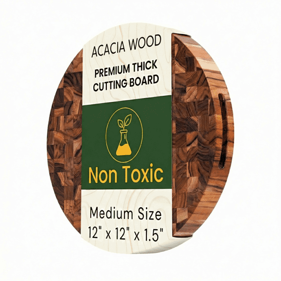 Round End Grain Acacia Cutting Board 12 Inch x 1.5 Inch Thick Butcher Block for Meat, Cheese, Charcuterie & Kitchen Prep, Solid Hardwood, Knife Friendly, Non Toxic Wood Serving Board by New M Way