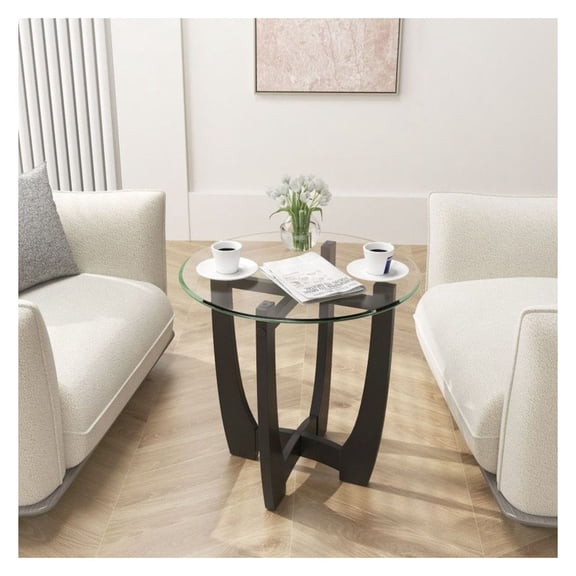 Round End Side Table with Glass Top - 23.5 Inch Coffee Table - Rubber Wood Frame - Living Room & Bedroom Furniture - Modern Contemporary Style - Easy Assembly