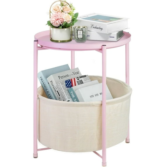 CERBIOR Round Side End Table, Modern Nightstand with Fabric Basket,Pink