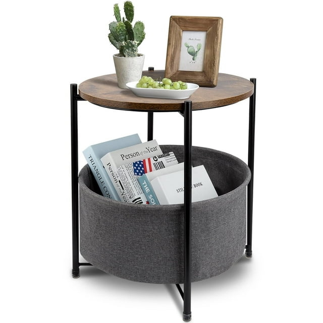 Round End Side Table, Sofa Side Snack Table with Fabric Storage Basket, Small bed Nightstand for Living Room Bedroom, Wood Top