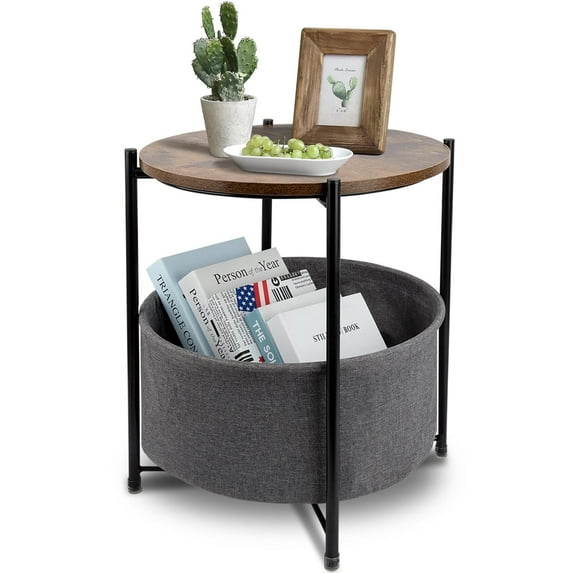 Round End Side Table, Sofa Side Snack Table with Fabric Storage Basket, Small bed Nightstand for Living Room Bedroom, Wood Top