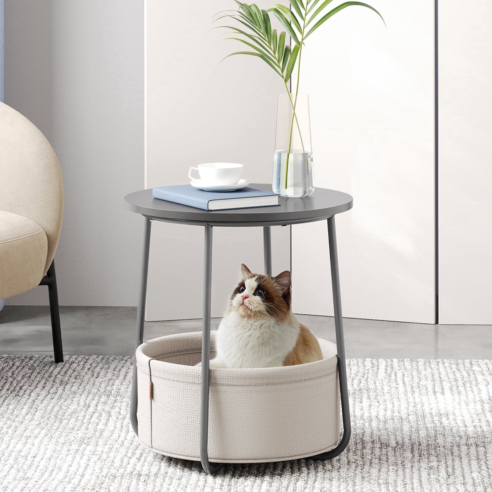 Round End Side Table with Fabric Storage Basket Bedside Table Nightstand for Living Room Bedroom Dove Gray Classic White