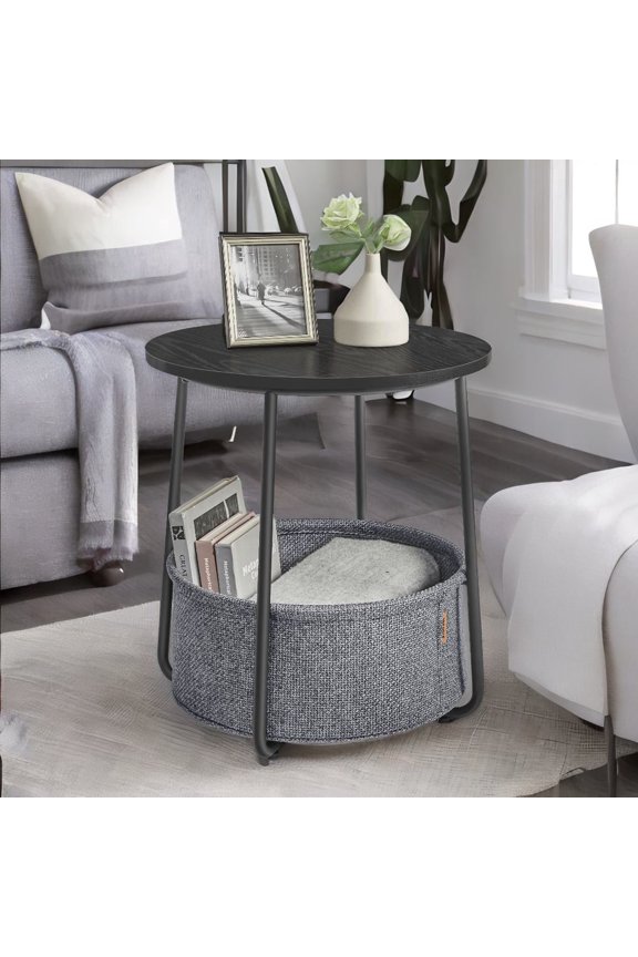 Round End Side Table with Fabric Storage Basket Bedside Table Nightstand for Living Room Bedroom Ebony Black and Slate Gray