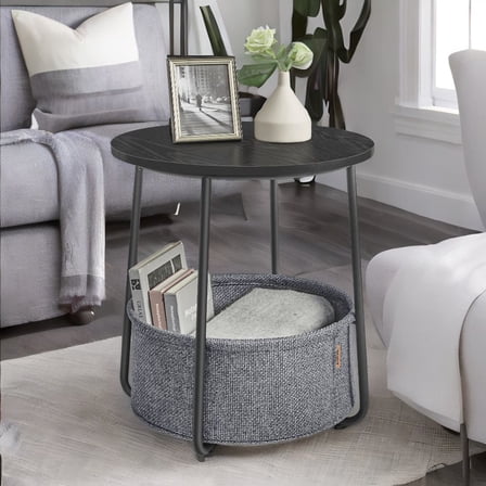 Round End Side Table with Fabric Storage Basket Bedside Table Nightstand for Living Room Bedroom Ebony Black and Slate Gray