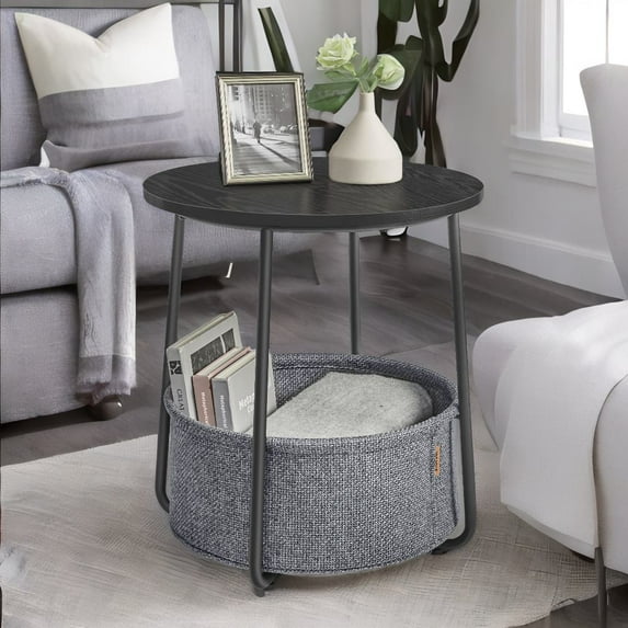 Round End Side Table with Fabric Storage Basket Bedside Table Nightstand for Living Room Bedroom Ebony Black and Slate Gray