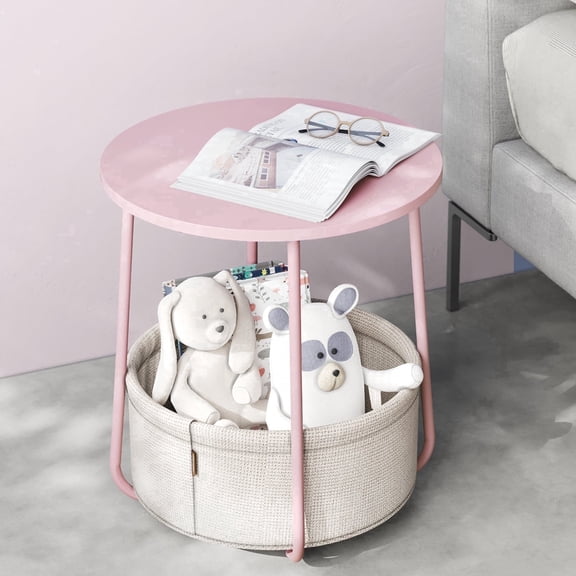VASAGLE LILEA Collection - Small Round Side End Table, Modern Nightstand with Fabric Basket, Jelly Pink and Cream White