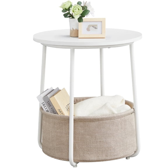 VASAGLE LILEA Collection - Small Round Side End Table, Modern Nightstand with Fabric Basket, Matte White and Camel Brown