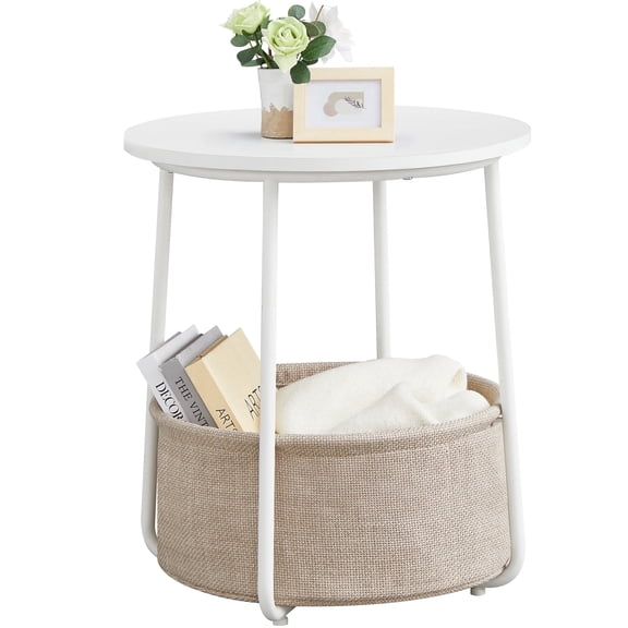 VASAGLE LILEA Collection - Small Round Side End Table, Modern Nightstand with Fabric Basket, Matte White and Camel Brown