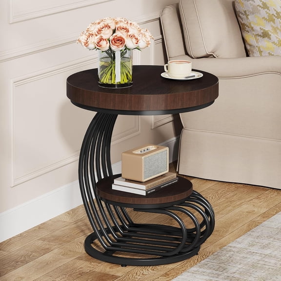 Round End Table, 2-Tier Farmhose Wood Side Table with Shelf Storage, Small Sofa Side Bedside Nightstand, Arc-Shaped Frame Accent Furniture for Living Room, Rustic Brown