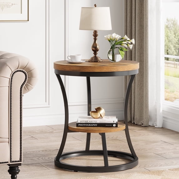 Condemo 2 Tier Industrial Round End Table, Accent Nightstand with Metal Frame for Living Room, Bedroom, Rustic Brown & Black