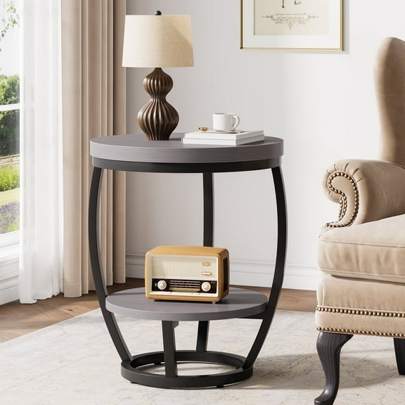 Condemo Round End Table with Storage Shelf, 2-Tier Industrial Side Table for Living Room or Bedroom, Gray Brown & Black