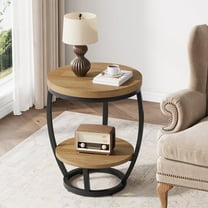Condemo Round End Table with Storage Shelf, 2-Tier Industrial Side Table for Living Room or Bedroom, Light Brown & Black