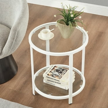 Round End Table, 2-Tier Side Table with Tempered Glass Tabletop, for Living Room, Bedroom-White