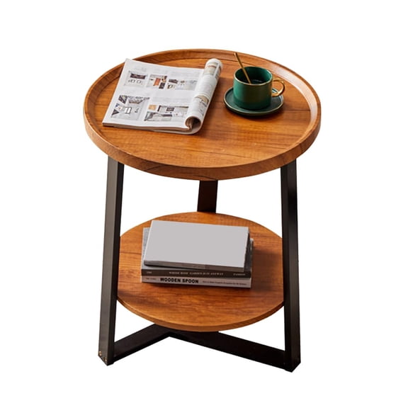 Round End Table, 2-Tier Side Table with Wood Tabletop & Metal Frame for Living Room, Bedroom