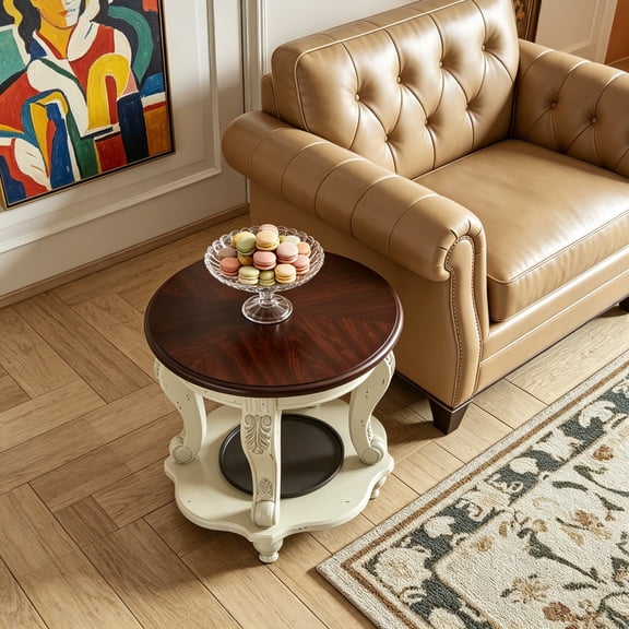 Round End Table, 22" Wood Side Table with Carved Legs, Victorian Vintage End Table for Living Room Small Spaces, Beige and Espresso Top