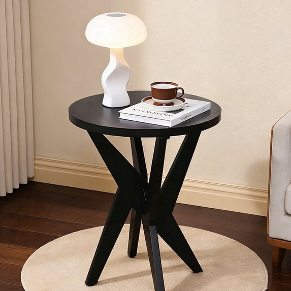 Round End Table 24'' High Side Table with Cross Legs, Modern Accent Bedside Table for Living Room, Balcony, Bedroom or Small Spaces, Black