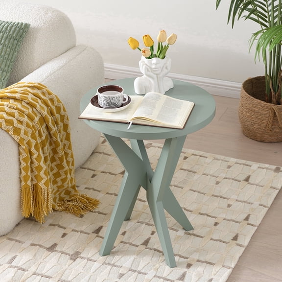 Round End Table 24'' High Side Table with Cross Legs, Modern Accent Bedside Table for Living Room, Balcony, Bedroom or Small Spaces, Green