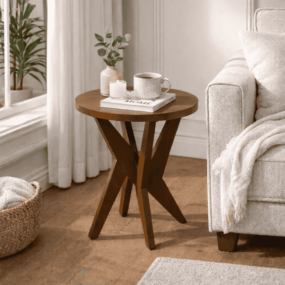 Round End Table 24'' High Side Table with Cross Legs, Mid Century Modern Accent Bedside Table for Living Room, Balcony, Bedroom or Small Spaces, Brown Walnut