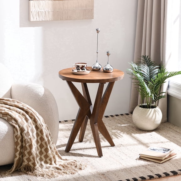 Round End Table 24'' High Side Table with Cross Legs, Mid Century Modern Accent Bedside Table for Living Room, Balcony, Bedroom or Small Spaces, Raw Walnut