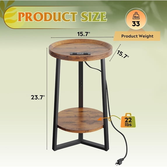 Round End Table with Charging Station, 2 Tier Side Table for Living Room/Bedroom, Round Nightstand with Storage Shelf, Small Spaces, Wood Tabletop & Metal Frame, Rustic Brown