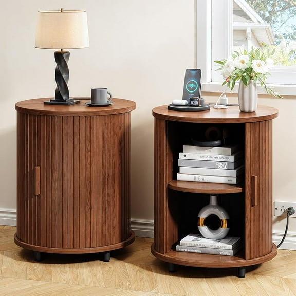 Round End Table with Charging Station, Mid Century Bedside Table with Sliding Door & 2 Tier Storage, Modern Nightstands Set of 2 for Living Room, Bedroom, Entryway, Walnut(2-Pack)