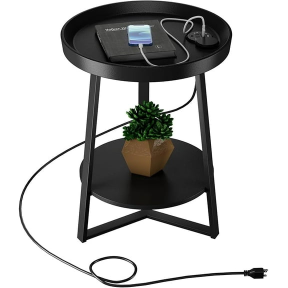 Round End Table with Charging Station, USB Ports, Wood Tabletop & Black Metal Frame, 2-Tier Side Table for Living Room, Bedroom, Brown 15.7 * 15.7 * 23.0inches