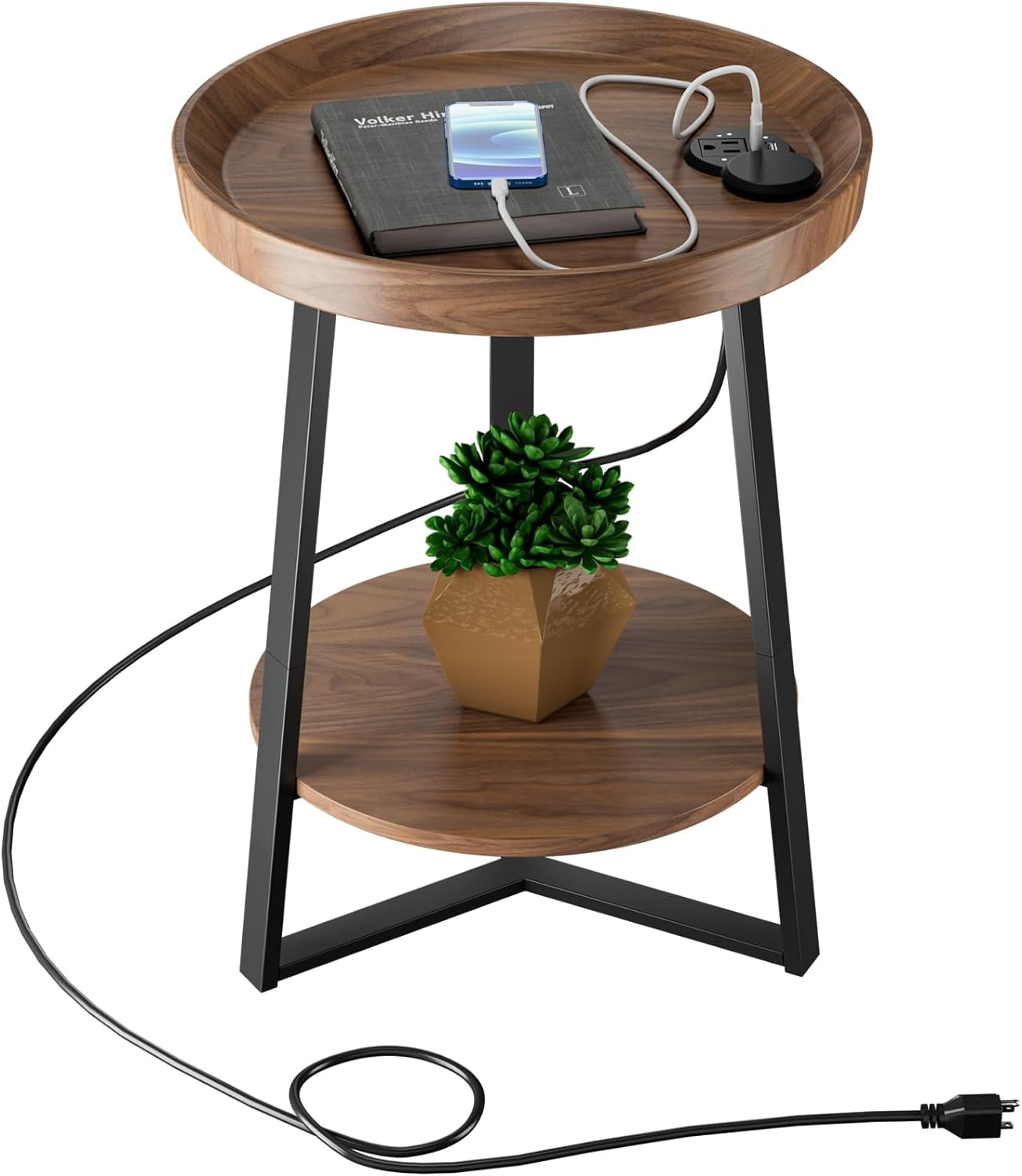 Brown Round Wood and Metal 2-Tier Side Table