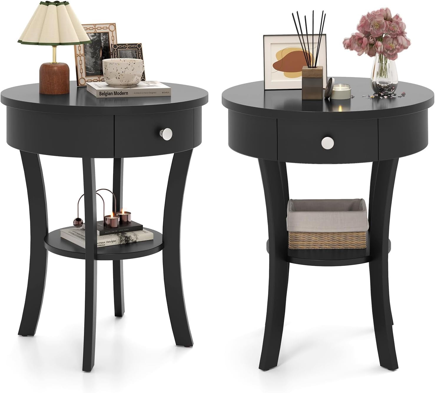 Round End Table with Drawer – 2-Tier Sofa Side Table with Solid Wood ...