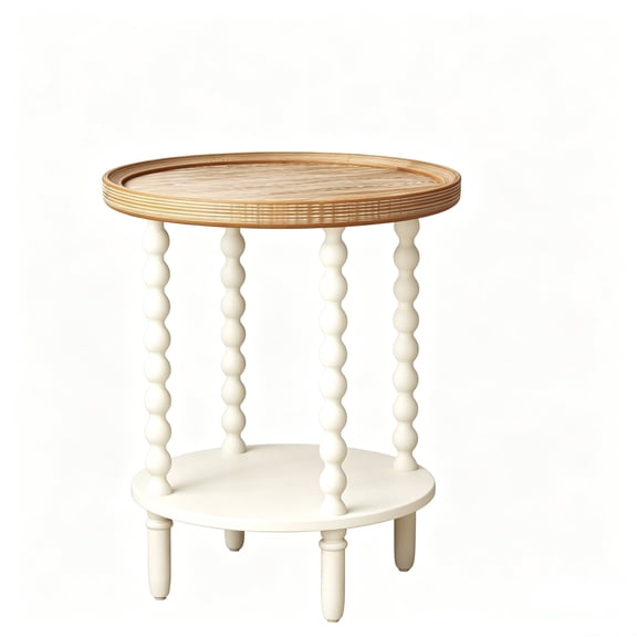 Round End Table, Farmhouse Side Table with Storage Shelf, 2 Tier Wooden Nightstand, 19.2 Accent Table for Living Room Bedroom Small Space, Natural Tray Top and Vintage White Spindle Leg