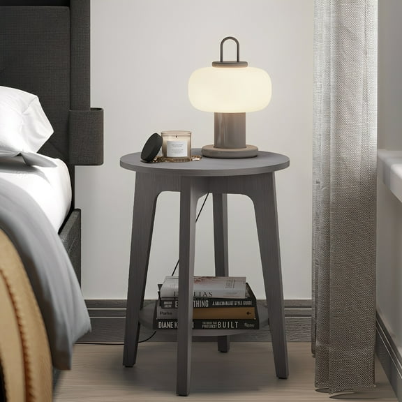 Round End Table Farmhouse Small Side Table Living Room Corner Table Drink Table Smoky Gray