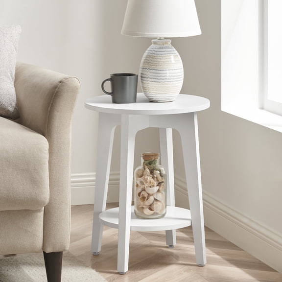 VASAGLE MAEZO Collection - Side Table, 2-Tier Small Round End Table, Nightstand with Tapered Legs, Curved Transitions, for Small Spaces, Living Room, Bedroom, Cloud White