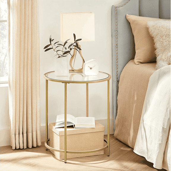 Round End Table Gold Side Table Nightstand with Metal Frame Coffee Table for Living Room Bedroom Gold