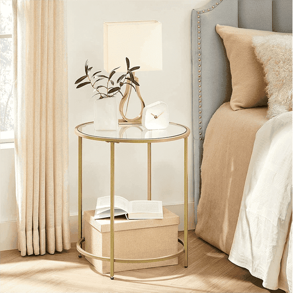 VASAGLE Round Side Table, Glass End Table with Metal Frame, Gold Coffee Table with Modern Style, for Living Room, Balcony, Bedroom, Gold Color