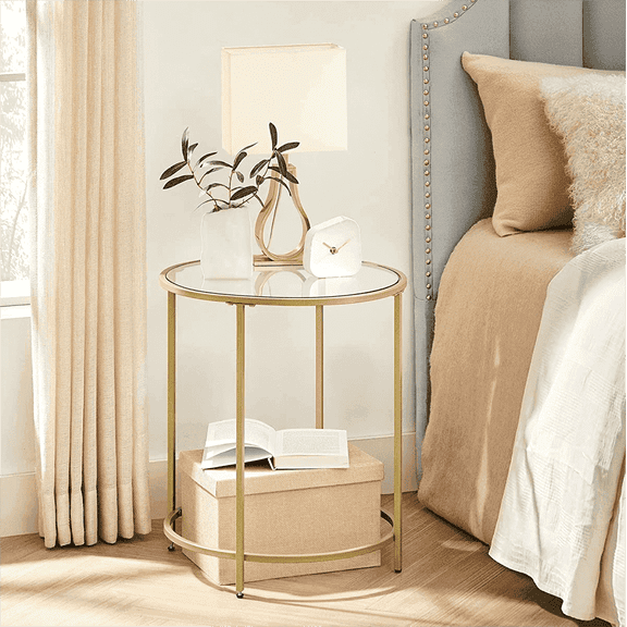 VASAGLE Round Side Table, Glass End Table with Metal Frame, Gold Coffee Table with Modern Style, for Living Room, Balcony, Bedroom, Gold Color
