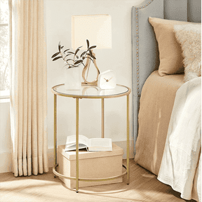 VASAGLE Round Side Table, Glass End Table with Metal Frame, Gold Coffee Table with Modern Style, for Living Room, Balcony, Bedroom, Gold Color